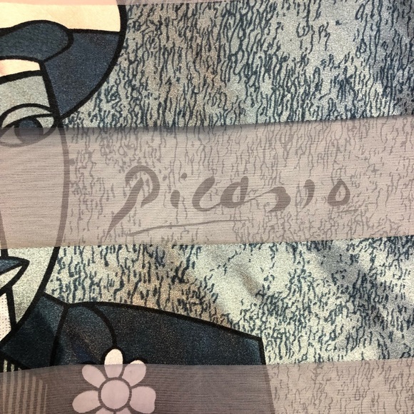 Picasso blue silky illustrated stripe square scarf - Picture 2 of 7